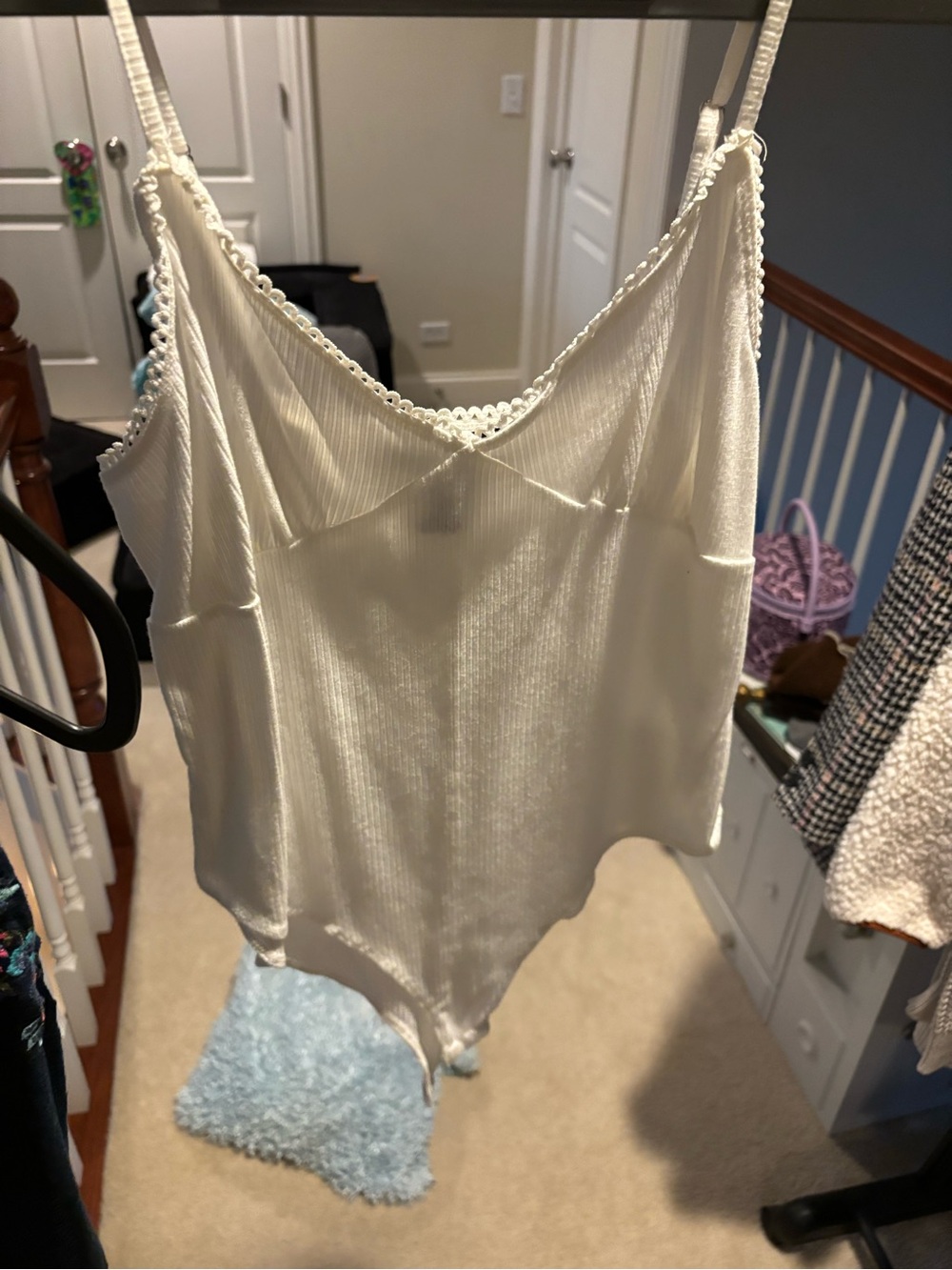 Forever 21 White Lace-Trim Ribbed Cami Bodysuit